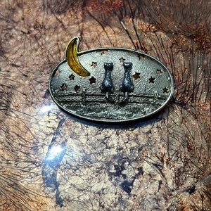 Cat Brooch- Silver Cats on a Fence, Golden Moon